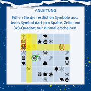 "Anleitung: Füllen Sie die restlichen Symbole aus. Jedes Symbol darf pro Spalte, Zeile und 3x3-Quadrat nur einmal erscheinen." Darunter ist je ein Falsch- und ein Richtig-Beispiel abgebildet.