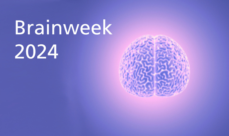 Brainweek 2024 Bild eines rosa leuchtenden Gehirns auf violettem Hintergrund. Ein Schriftzug: "Brainweek 2024"