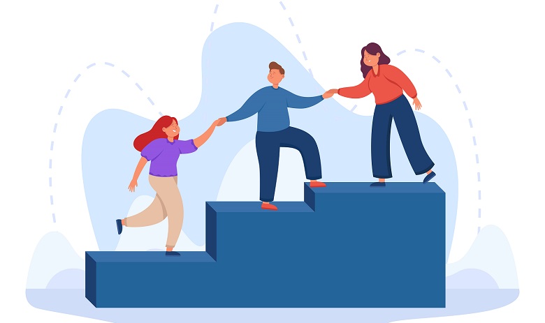 Illustration de trois personnes s'aidant sur des escaliers