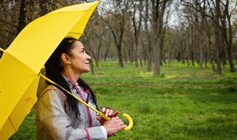 Une femme avec un parapluie jaune